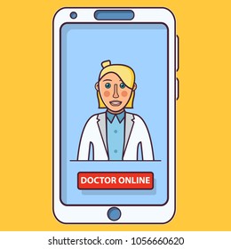 Mobile application online consultation doctor.Young woman medical speialist.Healthcare mobile phone icon.Digital device smartphone.Line art flat vector.Cartoon character people.Worker hospital,clinic.