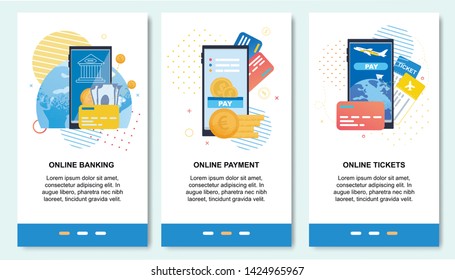 Mobile Application for Online Payment, Banking, Booking or Reservation Tickets. Landing Page Set. Money Transaction Implementation Using Credit or Debit Card on Internet. Vector Illustration