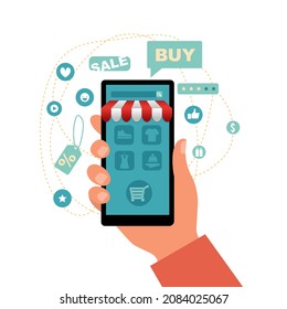 Aplicación móvil de ventas en línea. Smartphone en mano con tienda abierta en línea
