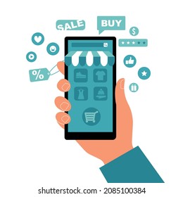 Mobile application of online sales. Smartphone in hand with an open online store