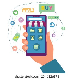 Mobile application of online sales. Smartphone in hand with an open online store 