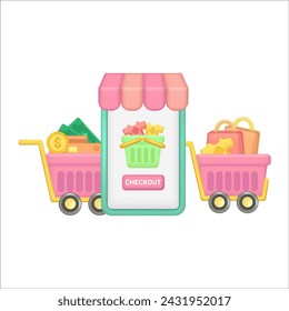 Mobile application online shopping. with shopping bag and shopping basket element