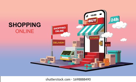 Mobile application, online shopping on website, logistics package delivery, vector concept