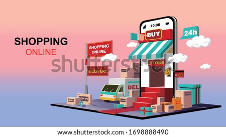 Mobile application, online shopping on website, logistics package delivery, vector concept