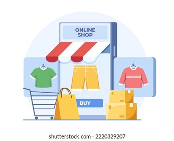 Mobile Application Online shopping store Ilustración.
Comprar en línea en aplicaciones móviles.
Concepto de tienda digital en línea.
Adecuado para infografía, banner, web, página de inicio, animación, etc