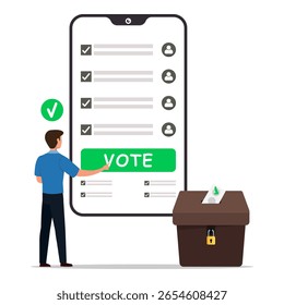 Aplicación móvil para el concepto de votación en línea.  Un hombre haciendo clic en el Botón de voto en la pantalla del teléfono. Día de las elecciones, toma de decisiones, papeleta y democracia.