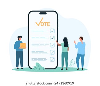 Mobile application for online voting, digital assessment of customer experience and feedback. Tiny people vote in survey form list on phone screen, click on check mark cartoon vector illustration