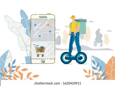 Mobile Application for Ordering and Delivery Food Basket. Tracking App with Rout and Location Marks. Courier with Groceries Pack on Back Riding Electric Hoverboard. Eco-Friendly Meal Transportation