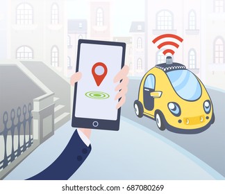 Mobile application for ordering driverless taxi. Smartphone in human hand and car on city street background. Vector illustration.