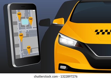Mobile application for ordering a taxi. Template design on a dark background. Vector illustration EPS 10