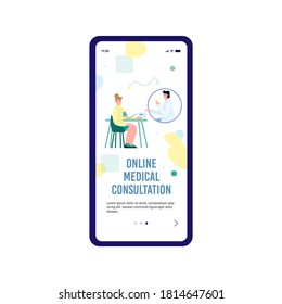 Mobile application page for online medical consultation with cartoon people, flat vector illustration. Connection screen for online medicine and doctor consultation.