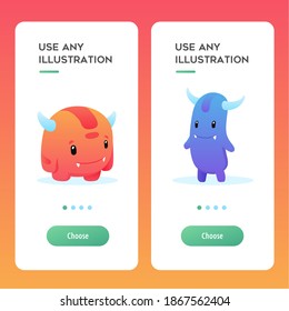 Mobile application page screen with children's illustrations, characters, monsters. Vector ui template with color illustrations.