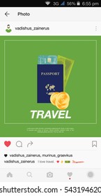 Mobile application and passport with money, credit card and golden coins on the green background. Flat vector illustration .