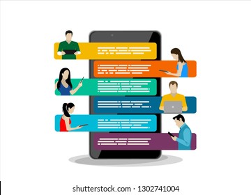 Mobile application people sitting bubbles chat interface message notifications flat white background 