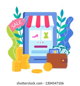 Mobile application for the phone online store, online shopping, various payment methods, best offer, discounts and sales. Vector illustration for social media marketing, posters and presentations