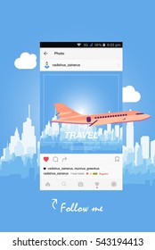 Mobile application and plane flying over the city. Flat vector illustration on the topic of tourism.