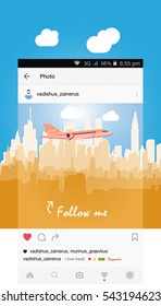 Mobile application and plane flying over the city. Flat vector illustration on the topic of tourism.