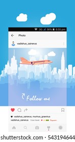 Mobile application and plane flying over the city. Flat vector illustration on the topic of tourism.