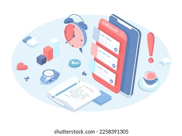 Mobile application for planning, time management. Checklist, To Do list. App for control task achievement. Vector illustration in 3d design. Isometric web banner.	
