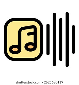 Mobile application playing music, visualized by a music note symbol and sound bars, concept of audio streaming service