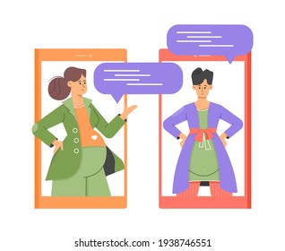 Mobile application for pregnant women and mothers. Two cute women communicate online via smartphones. Exchange of advice, friendly communication, chat. Vector flat illustration.