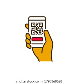 Mobile application, QR code scanning in smartphone color line icon. City transport rental. Pictogram for web, mobile app, promo. UI UX design element.