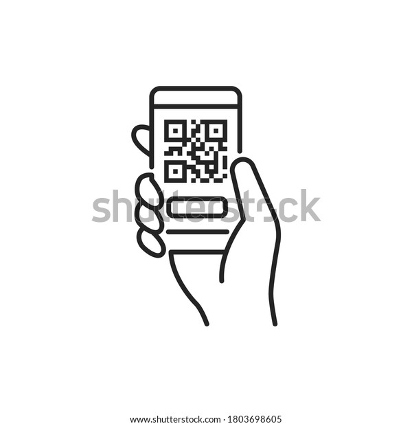 Mobile application, QR code scanning in\
smartphone black line icon. City transport rental. Pictogram for\
web, mobile app, promo. UI UX design\
element