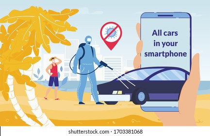 Mobile Application for Rent Safety Car on Covid19 Outbreak Pandemic Quarantine. Man Tourist in Respiratory Facemask Looking for Automobile on Sunny Beach. Man Disinfecting Vehicle for Share