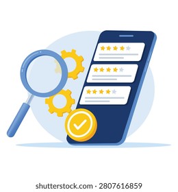Mobile application review illustration featuring smartphone rating interface and feedback symbols for digital services customer evaluation user experience and technology design projects