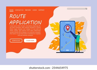 Mobile application for route. Laying web navigation to destination. Detailed map in electronic gadget with man hold magnifying glass to search destination. Vector landing page flat. 