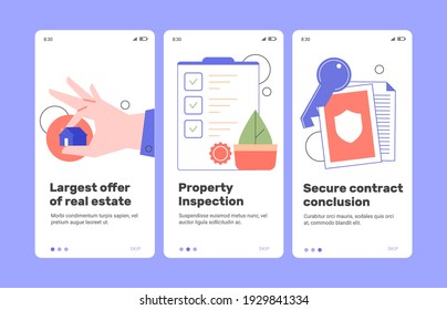 Mobile application for the sale of real estate, examination of houses and apartments, conclusion of an agreement and a secure transaction. Design concept of welcome screens for users. Vector flat.