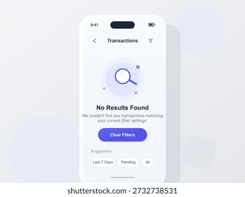A mobile application screen displays a message indicating no transactions were found. Users have options to clear filters for different time periods. The layout is simple and user-friendly.