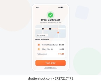 A mobile application screen displays order confirmation with estimated delivery time. It shows distance, order summary, and total amount for food items.