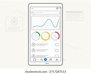 Una pantalla de aplicación móvil muestra varios datos, incluida la actividad del usuario, gráficos e iconos. El diseño muestra distintas secciones para análisis y perfiles de usuario.