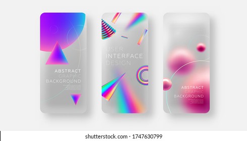 Mobile application screen page backgrounds set with plastic transparent effect and neon color iridescent shapes and elements. User interface app template. Eps10 vector.