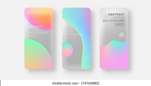 Mobile application screen page backgrounds set with plastic transparent effect and neon color liquid flow fluid shapes. User interface app template. Eps10 vector.