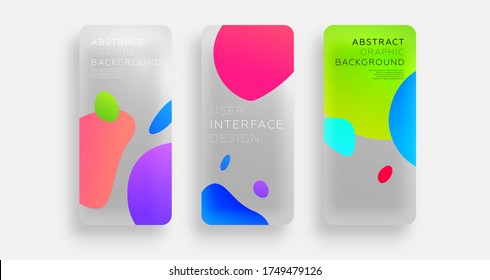 Mobile Applikations-Bildschirmhintergründe mit plastiktransparentem Effekt und neonfarbigen Flüssigkeitsprofilen. App-Vorlage für die Benutzerschnittstelle. EPS10-Vektor.