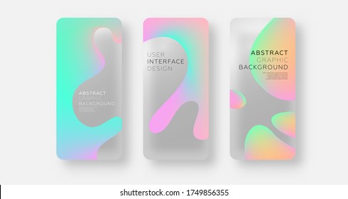 Mobile application screen page backgrounds set with plastic transparent effect and neon color liquid flow fluid shapes. User interface app template. Eps10 vector.