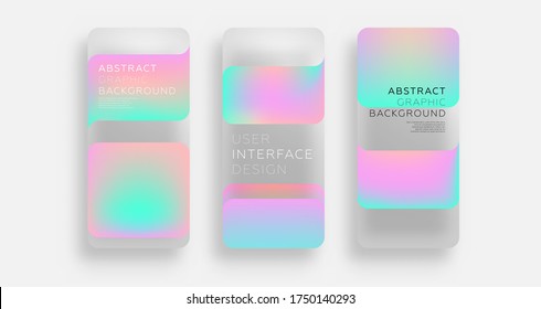 Mobile application screen page backgrounds set with plastic transparent effect and neon color liquid flow fluid shapes. User interface app template. Eps10 vector.