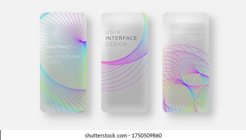 Mobile application screen page backgrounds set with plastic transparent effect and neon color abstract line shapes. User interface app template. Eps10 vector.