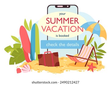 Mobile application screen showing summer vacation booking confirmation and details. Surfboards, suitcase, deckchair, umbrella on sandy beach background. Checking booking details. Vector Illustration.