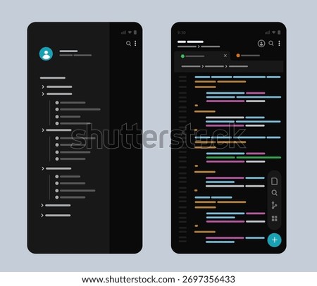 mobile application screens file explorer navigation panel and code editor colorful syntax highlighting software development programming coding on a smartphone
