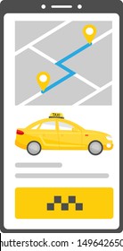 Mobile application for searching and calling a city taxi. On the screen of the phone is a map with pins, driving path, yellow car cab and call button. Vector isolated on white background