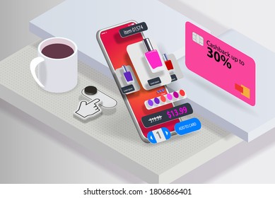 Mobile application for selling cosmetics on the phone screen on the desktop. Vector banner