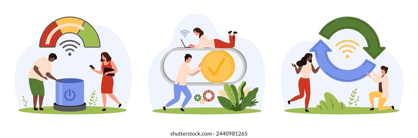 Mobile application settings, software update and control set. Tiny people reload and renew work process of tech system with circular arrow, press power button, move slider cartoon vector illustration
