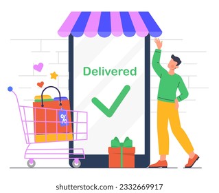 Mobile application for shopping concept. Man near screen of smartphone with cart with goods. Electronic commerce and home delivery. Marketing and Advertising. Cartoon flat vector illustration