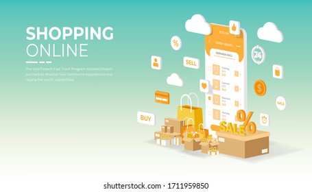 Mobile Application for Shopping Online on Website, isometric Concept. Vector illustration