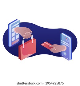 Mobile Application, Shopping Online on Website, Vector Concept. Online store on mobile phone vector illustration. isometric illustration