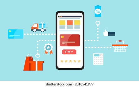 Aplicación móvil, compras en línea en sitio web, Vector Concept sitio web de compras en línea en móvil . Fácil tienda de sitios web de comercio electrónico por Smartphone. Banner de compras en línea, plantillas de aplicaciones móviles, concepto .
