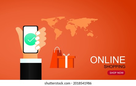 Mobile Application, Shopping Online on Website, Vector Concept Online Shopping Website on Mobile . Easy E-commerce Website Shop by Smartphone. Online shopping banner, mobile app templates, concept .